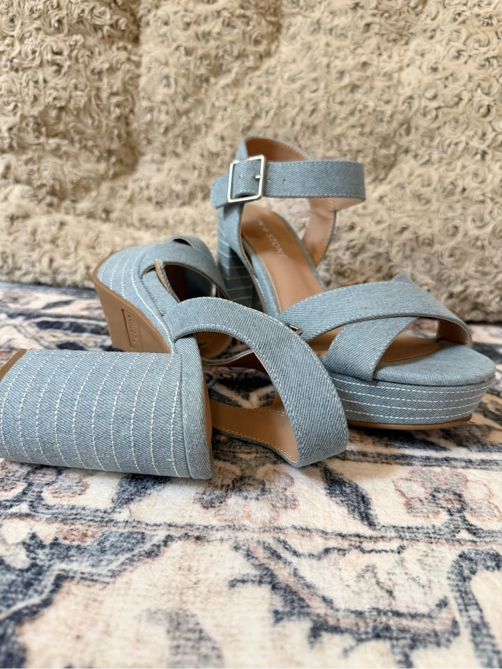 ☀️Sun + Stone Denim Platform Block Heel Sandals Size 6.5 ☀️